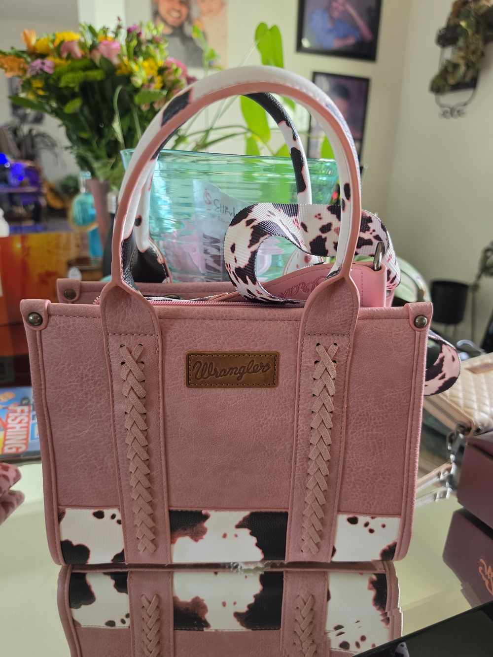 Wrangler Pink Cow-Print Accent Satchel with Braided Trim